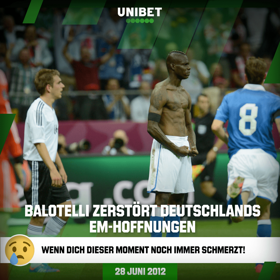 Unibet_AT's tweet photo. Heute vor sieben Jahren: Mario Balotelli schießt das DFB-Team innerhalb von 16 Minuten aus der Europameisterschaft und sorgt mit seinem Jubel für Schlagzeilen...
#Unibet #EM2012 #GERITA https://t.co/XOYarx3syx