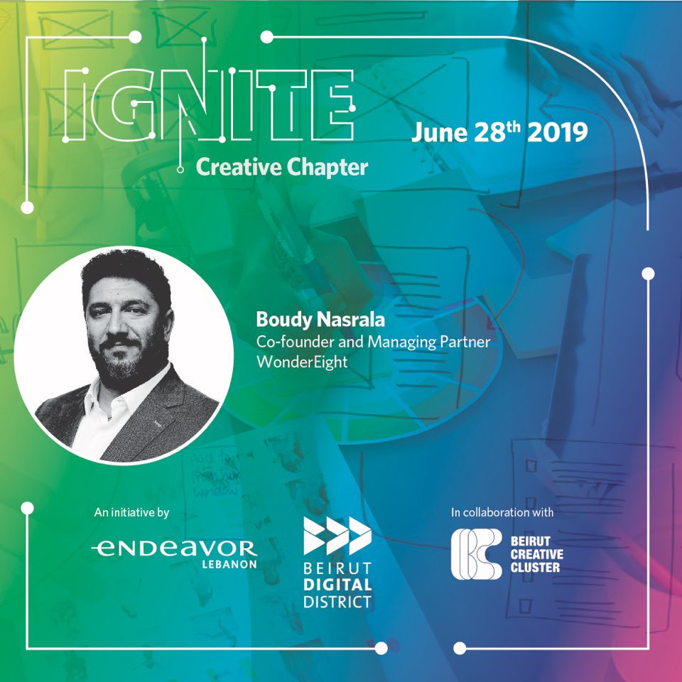 EndeavorLB's tweet photo. It's tomorrow! Creative experts will discuss innovation & scalability at the #IGNITECreative Chapter. Meet @wonderboudy, Co-founder & Managing Partner @wondereight, among other speakers. More here: https://t.co/7KjGNb6s8I
@BeirutDigitalD @beirut_cc https://t.co/NFa4OPUQi7