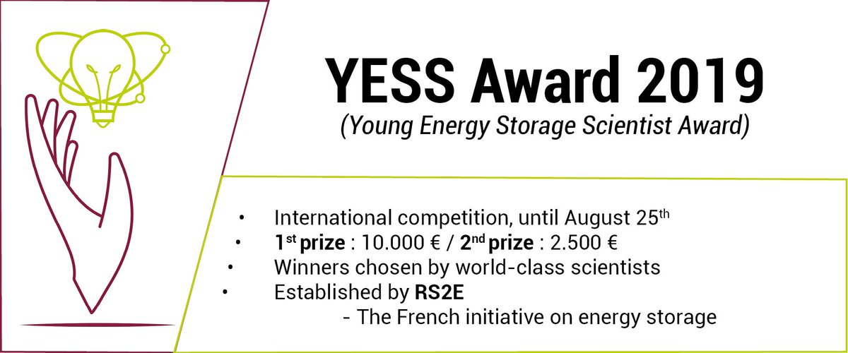 BatteriesEvent's tweet photo. @Batteries2019 teams up again this year with @EnergyRS2E for the YESS Award.
Best project will be granted 10 000€ and the winner will be invited to #Batteries2019. Submit your projects now!
More information: https://t.co/0DbcwFvPxo
#YESSaward #RS2E #batteries #EnergyStorage https://t.co/ncNlbPNYY0
