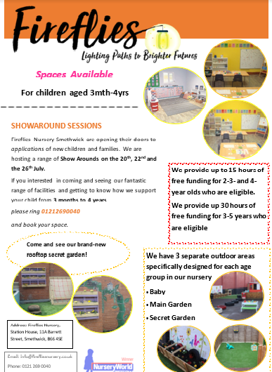 tweetfireflies's tweet photo. Showaround Saturday 20th July, is coming soon to #FirefliesNursery #Smethwick #WestMidlands book your space now #nursery #childcare #children #birmingham #capehill #Edgbaston #bearwood https://t.co/vUCfFz6aAq