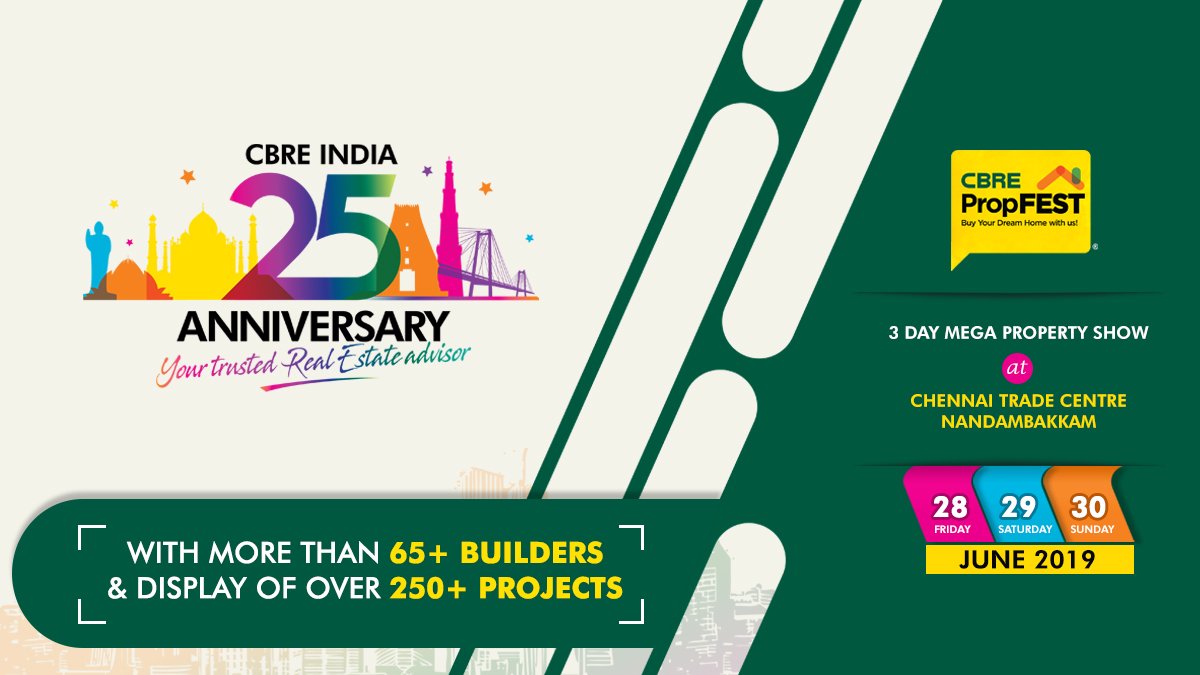 CBRE_India's tweet photo. #CBREPropFEST
India's BIGGEST #Property Fair is here. Offering best of the properties under one roof.
Date: 28th June – 30th June, 2019
Venue: Chennai Trade Centre, Nandambakkam
Register now: https://t.co/s42TQPrdGP
#PropFest #RealEstate #Chennai #PropertyFest https://t.co/iGm3ICCErh
