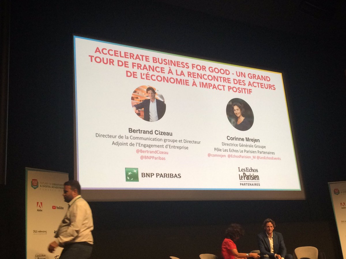 Ce matin au #HUBDAY @comrejen et @BertrandCizeau prennent la parole pour raconter #acceleratebusinessforgood, grand tour de France à la rencontre des acteurs de l’économie « nouvelle génération » avec @BNPParibas et @LesEchosEvents