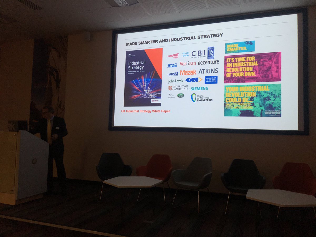 WRStirling's tweet photo. @MarcBurts explains ambition for ‘Made Smarter in the Midlands’ where Midlands want to be the next region for Made Smarter digital help for SMES #ukmfg #dmu19 @mta_uk @the_MTC_org @FBCManbyBowdler @FORCAM_global @SandvikCoro_UK https://t.co/zioo13C9c2