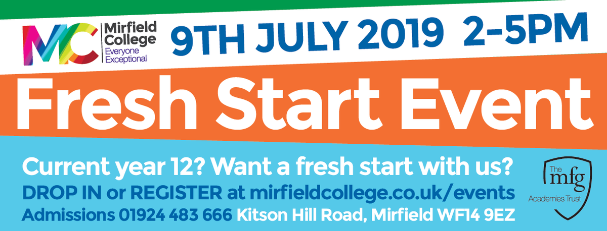 MirfieldCollege's tweet photo. We still have places available for September 2019 Entry. If you'd like to apply, come to our next admissions event on Tuesday 9th July, 2-5pm @CKCareers1 @thornhillca @WMount @BatleyGS @BBGAcademy @Castle_Hall @Spenvalleyhigh @WestboroughHigh @mirfieldfree @academy_manorc https://t.co/4l0JEv2pcs