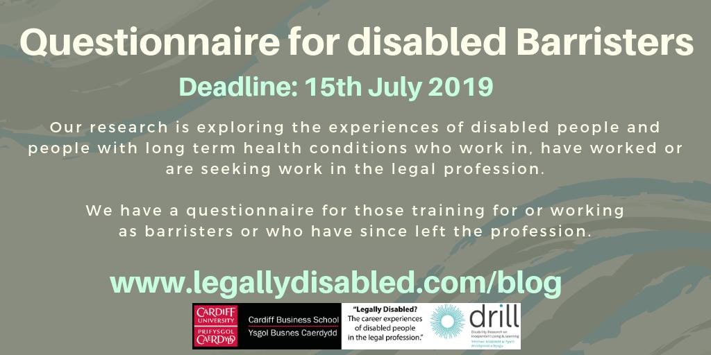 LegallyDisabled (@legallydisabled) on Twitter photo The questionnaire for disabled barristers has now been launched. Please help us to share it. The deadline for responses is 15th July. The questionnaire is for those training for/working as barristers or have left the profession.
cardiff.onlinesurveys.ac.uk/legally-disabl… The questionnaire for disabled barristers has now been launched. Please help us to share it. The deadline for responses is 15th July. The questionnaire is for those training for/working as barristers or have left the profession.
cardiff.onlinesurveys.ac.uk/legally-disabl…