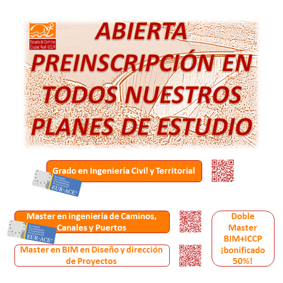 CaminosUCLM's tweet photo. Siguen abiertos los plazos de #preinscripción de nuestros #PlanesDeEstudio:
➡️#Grado #IngenieríaCivil (Sello #EURACE 🔝🔝): hasta 08/07
➡️#Master #IngenieríaCaminos (Sello #EURACE 🔝🔝): hasta 13/09
➡️#MasterBIM #Diseño y #Dirección de #Proyectos (#DobleMaster): hasta 30/08 https://t.co/UBiqzhB0sx