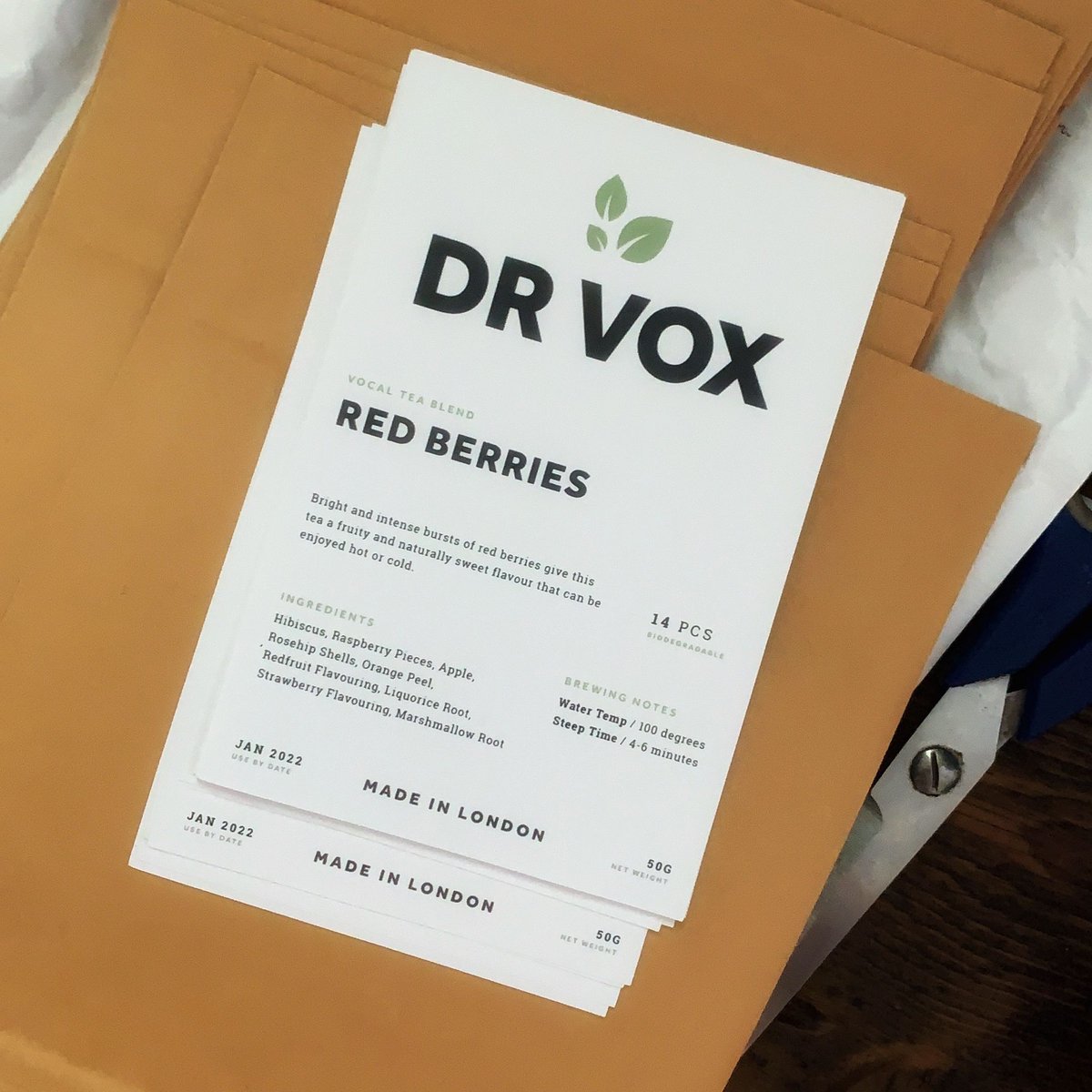 Final samples of our brand new labels arrived ready for testing. We're back so soon you can almost taste that tea. #worldsbestvocaltea