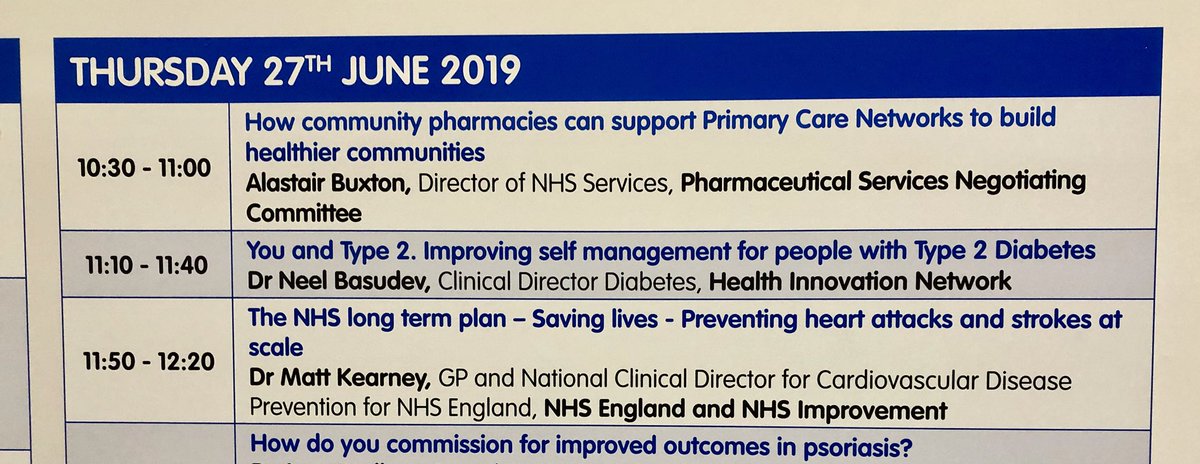 SarahPudney's tweet photo. The agenda for this morning’s Improving Care Pathways Workshop stand at #healthpluscare. Including the @NHSEngland NCD for CVD Prevention Dr Matt Kearney at 11.50. Be there! https://t.co/B4gEKmZw4g