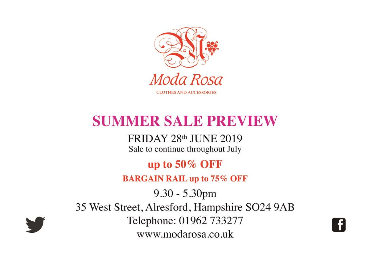 Sale starts Friday 28th June!! 
Please note: we are closing at 2pm today to prepare for our Summer Sale!