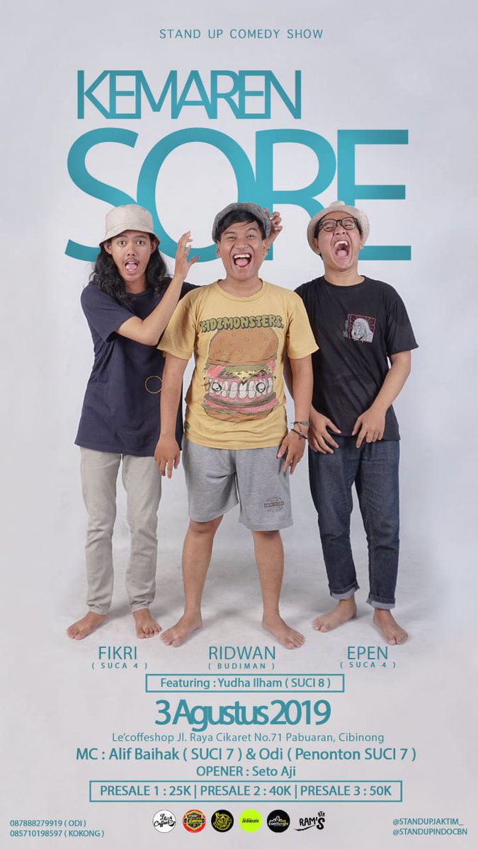 KEMAREN SORE vol2 siap mengguncang Cibinong dan sekitarnya!
Buruan dipesan tiketnya karna tiket terbatas, tgl 03 Agustus 2019, sebuah pertunjukan dari comic mimin <a href="/ridwaaanRB/">TIDAK BUDIMAN</a> @fikrielmahfaz @stefanus_lapian Featuring <a href="/yudhabrajamusti/">YB</a> Sikaaatt brooyyy,info lengkap dibawah🔥