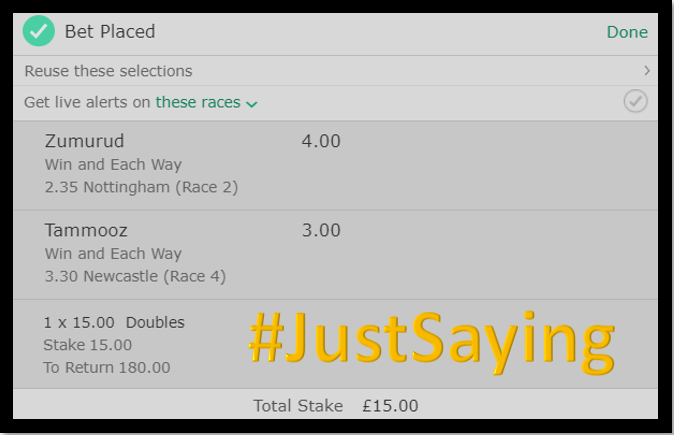 SayingTips's tweet image. Daily Double 🏇🏇
ZUMURUD’s last two runs are extremely solid and if he repeats that level of form he’s is sure to be in the frame for this race at Nottingham today. 

TAMMOOZ just failed on handicap debut at Lingfield last time out and is from a in form yard.  
#JustSaying