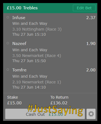 SayingTips's tweet image. A nice treble for todays racing. 
DM us for any further information. 
#JustSaying