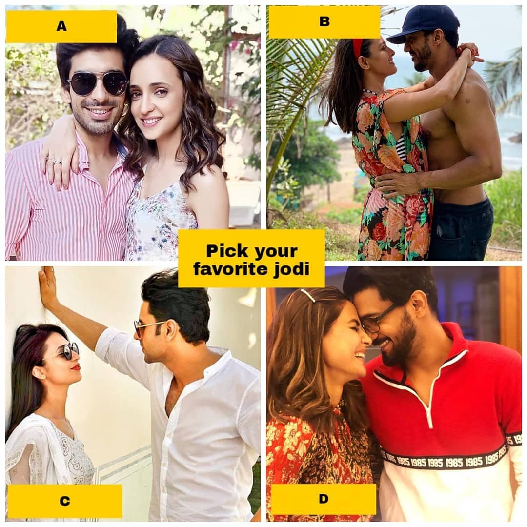 iwmbuzz's tweet photo. Pick your favorite real life couple
A. Sanaya and Mohit 
B. Anita and Rohit 
C. Divyanka and Vivek 
D. Hina and Rocky 
#PickOne #cute #couplegoals #love #lovebirds #jodi #sanayamohit #anitarohit #vivekdivyanka #hinarocky #iwmbuzz #iwmbuzzhindi 
@rohitredz @Divyanka_T @eyehinakhan https://t.co/HCB1eVGnKN