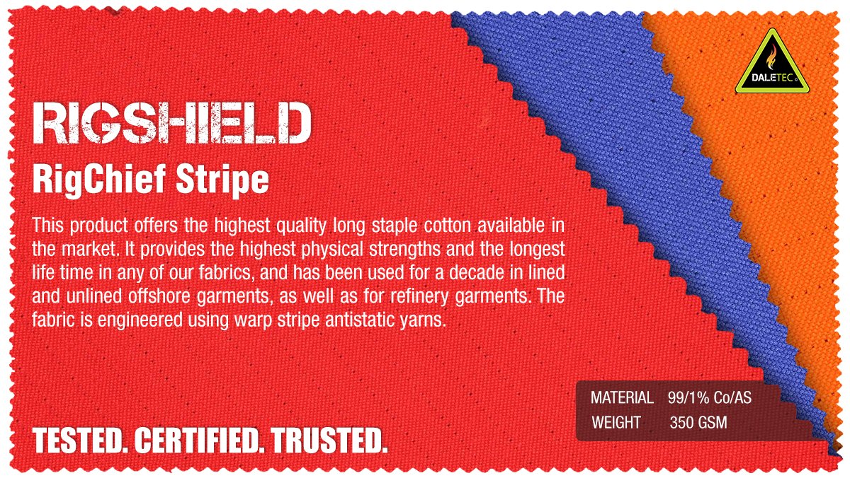 Daletec1's tweet image. RigChief Strips 350 GSM is a specially designed fire retardant fabric made from high-quality cotton. The product has been the first choice for the lined and unlined offshore and refinery garments since more than a decade  #Daletec #fabric #Rigshield #RigChief #fireretardant