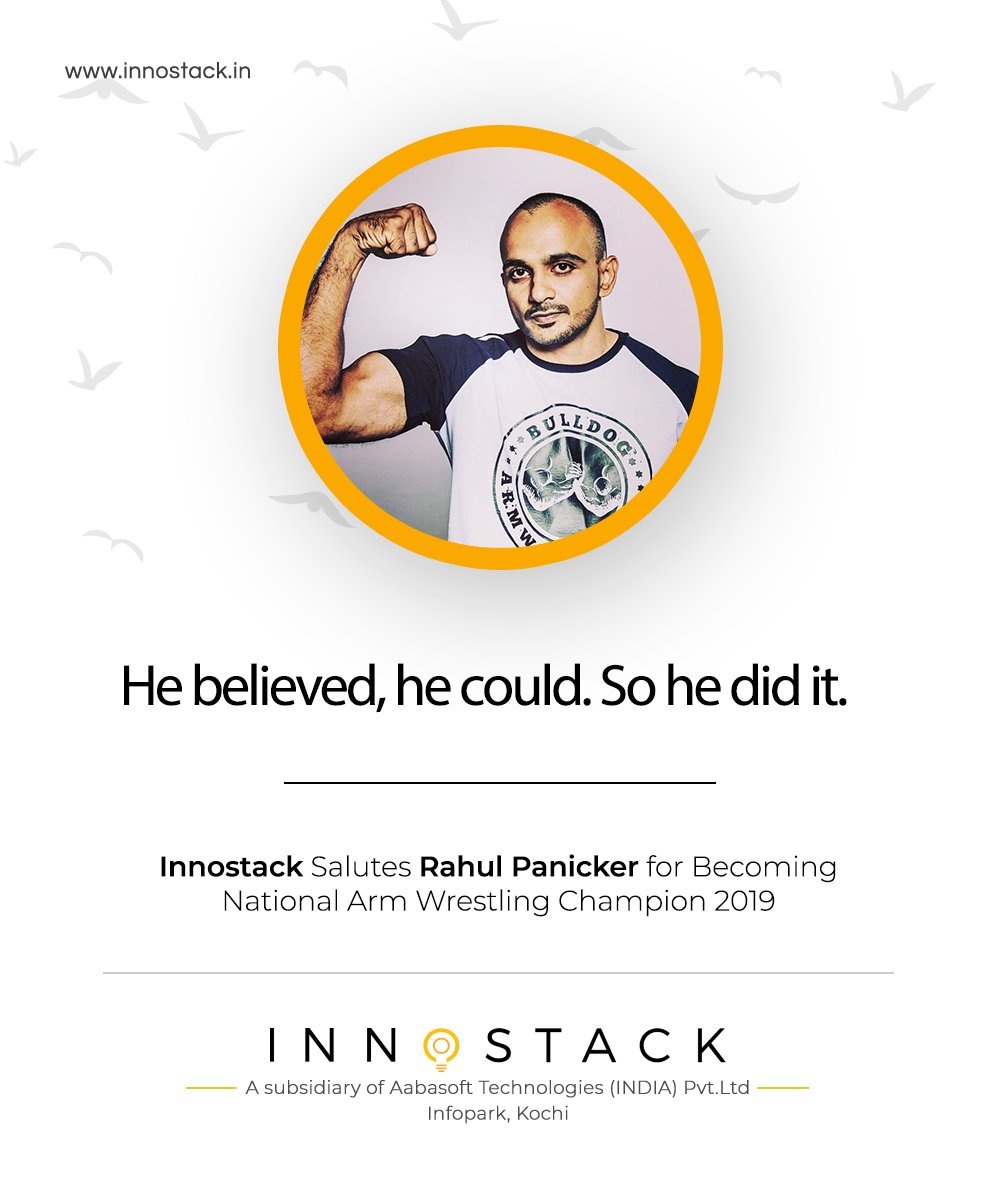 Innostack's tweet photo. Congrats Rahul Panicker. Innostack salutes you  for becoming National Arm Wrestling Champion, 2019. 
#RahulPanicker #ArmWrestlingChampion #ArmWrestler #Innostack #Congratulations #Kerala https://t.co/35KvhB80Q2