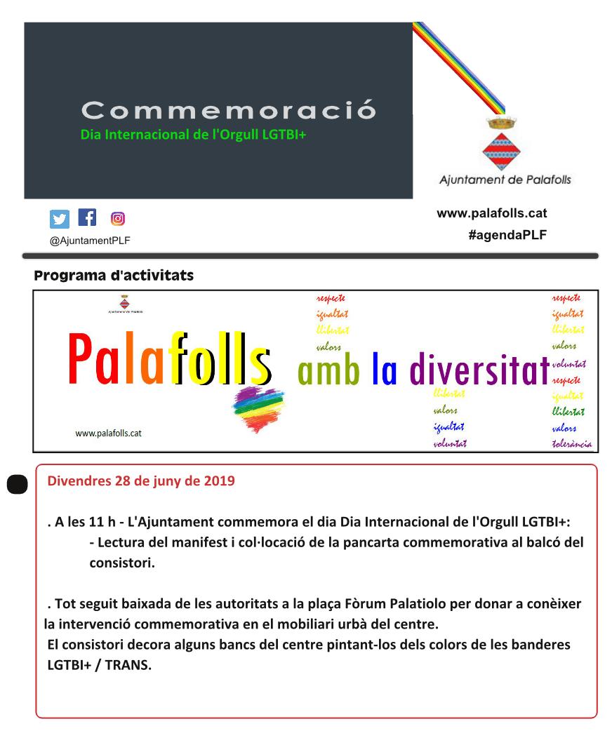 AjuntamentPLF's tweet photo. Demà commemorem el Dia Internacional de l'Orgull LGTBI+ i volem que ens acompanyis. Perquè demà és un dia per reivindicar la igualtat, la llibertat i el respecte #educaPLF #culturaPLF #accionsPLF @radiopalafolls #LGTBI @Radio_Marina @diba https://t.co/16MqCaukGA