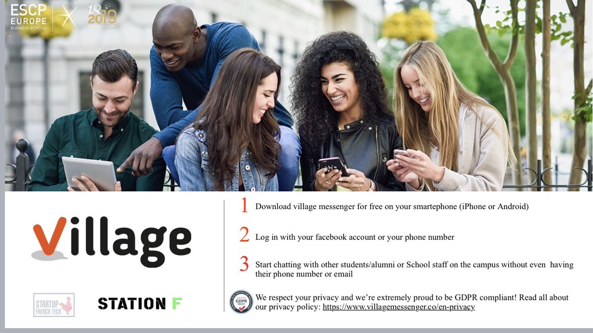 village_im's tweet photo. Proud to launch the Village Messenger app with @ESCPeurope and support the  #EMBADesigningTomorrow forum, allowing to participants who are in the same place at the same time to simply chat and connect without even having each other phone number or email. https://t.co/YKDxAcnYnR