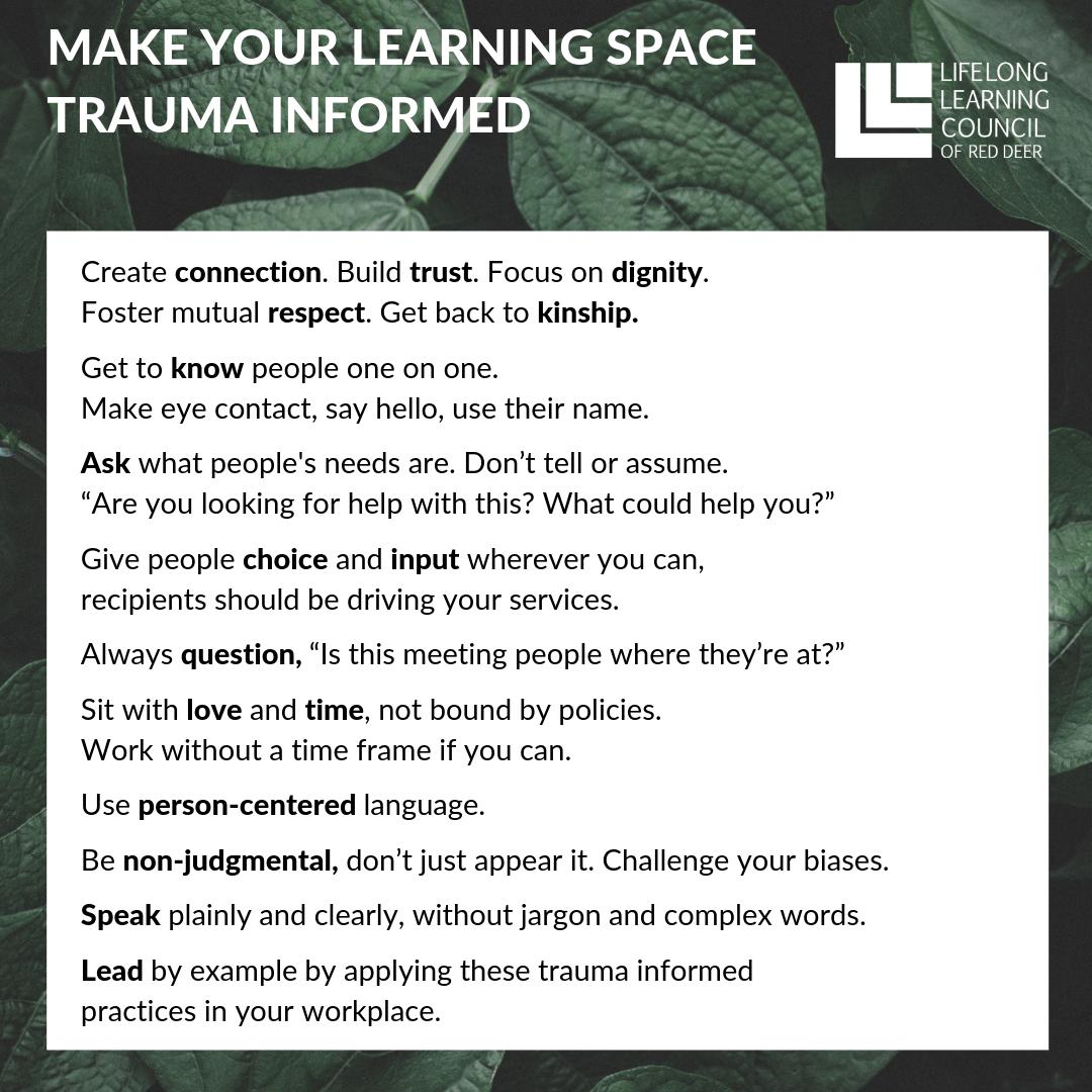 LearningRD's tweet image. These are the key learnings we wanted to share from our recent panel on Trauma Informed Learning Strategies. Thank you @Immigrant_Centr, @RedDeerCollege, @TurningPointAB, @CMHARedDeer, and Red Deer Native Friendship Society, for sharing your expertise.