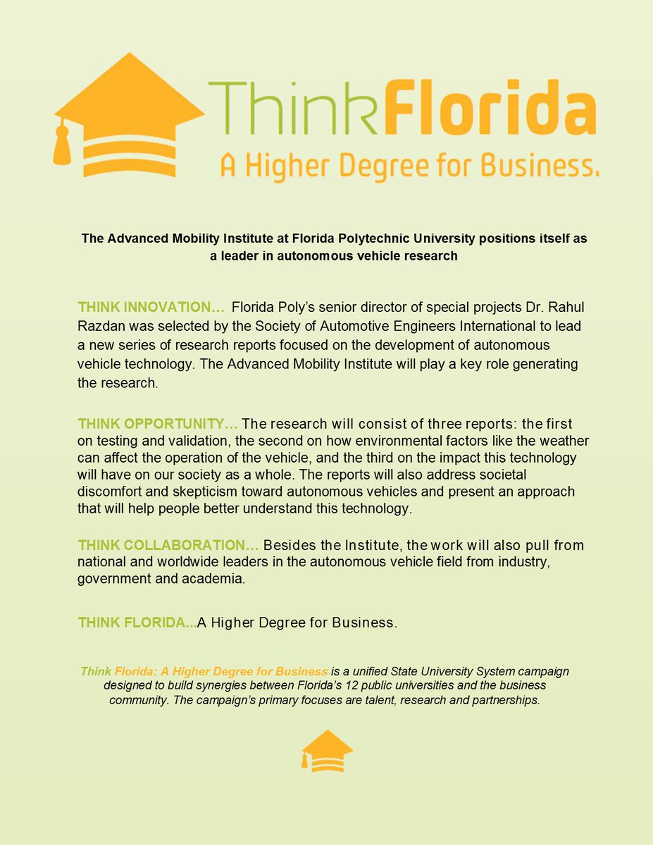 SUS_Florida's tweet image. #ThinkFlorida The Advanced Mobility Institute at @FLPolyU positions itself as a leader in autonomous vehicle research