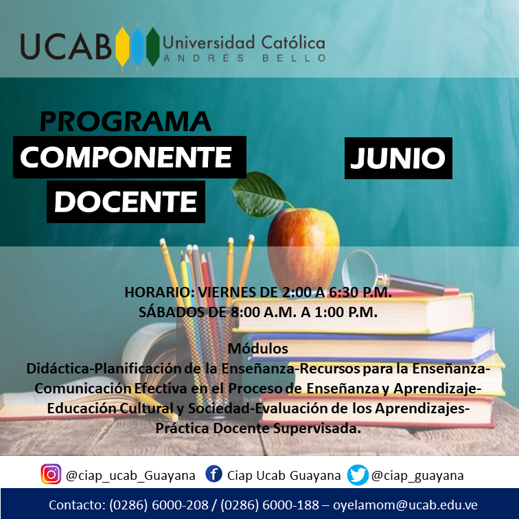 UcabGuayana's tweet photo. Comunicación efectiva, didáctica y planificación de la sesión de clase son herramientas necesarias para una buena enseñanza. El @ciap_guayana REPROGRAMÓ el #ComponenteDocente para este mes de #Junio. ¡Inscripciones abiertas! https://t.co/omT2DkOq3Y