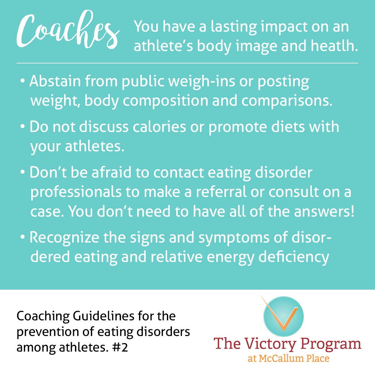 McCallumPlace's tweet photo. Coaches can have a lasting impact on an athlete's sense of identity, #bodyimage and health. You can play a positive role in preventing #eatingdisorders in your athletes. #edrecovery #mentalhealth https://t.co/2VV4HAbhEC