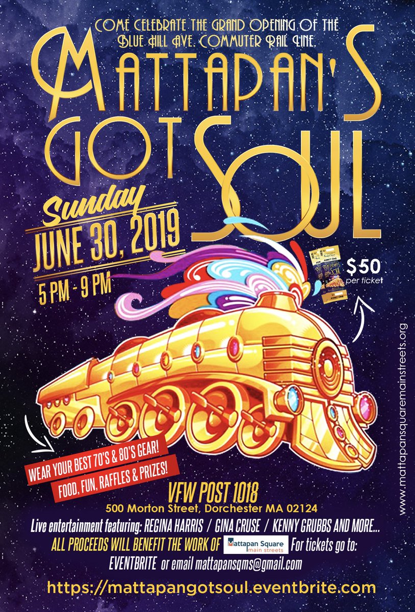 Mattapan Square Main Streets (@mattsqmain) on Twitter photo Don't let the train pull out of the station without you! Sunday, June 30th, come celebrate with <a href="/MattSqMain/">Mattapan Square Main Streets</a> at the Mattapan's Got Soul annual fundraiser! Tix on-line, Matt Mobil, MSMS, and at the door. Sponsored by @MattapanCHC , <a href="/BostonPlans/">Planning Department</a> , <a href="/BosMainStreets/">Boston Main Streets</a> , Rep Holmes Don't let the train pull out of the station without you! Sunday, June 30th, come celebrate with <a href="/MattSqMain/">Mattapan Square Main Streets</a> at the Mattapan's Got Soul annual fundraiser! Tix on-line, Matt Mobil, MSMS, and at the door. Sponsored by @MattapanCHC , <a href="/BostonPlans/">Planning Department</a> , <a href="/BosMainStreets/">Boston Main Streets</a> , Rep Holmes