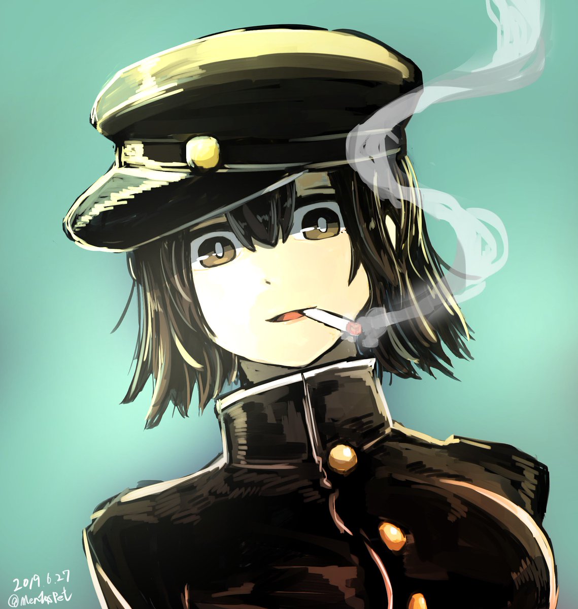 akitsu maru (kancolle) 1girl solo smoking cigarette hat black hair uniform  illustration images