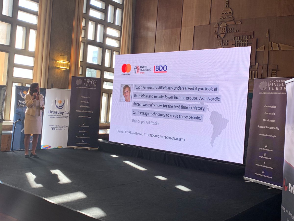 Thanks <a href="/S_Hannestad/">Susanne Hannestad</a> from <a href="/FintechMundi/">Fintech Mundi</a> for sharing <a href="/Robin_Academia/">AskRobin</a> vision on #FinancialInclusion at <a href="/MvdFintechForum/">MVDFintech</a> 
#FinTechUnitesPeople
🇳🇴🇪🇪🇺🇾🇧🇷🇨🇱🇲🇽🇦🇷🇨🇴🇵🇪