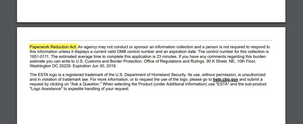 _munter_'s tweet photo. The US Department of Homeland Security is not without irony. This is the only content on the **second** page of an ESTA approval if you print it. #PaperworkReduction https://t.co/15wkL3hvSf