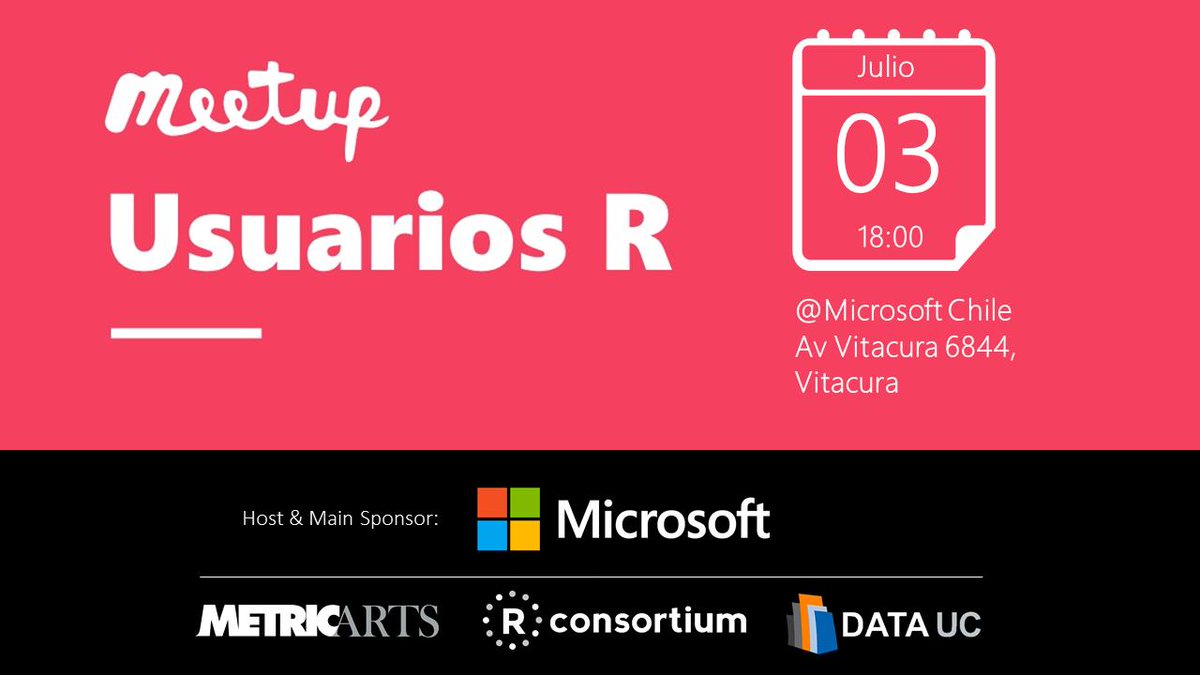 pcofre's tweet image. SAVE THE DATE! Próximo miércoles 3-Julio 6pm en @MSFTChile reunión grupo de usuarios de #rstats en #Chile. Todos bienvenidos, sólo se requiere interés en aprender y conocer a otros que comparten el gusto por en análisis de datos. 
Link Registro &amp;gt;&amp;gt; meetup.com/useRchile/even…