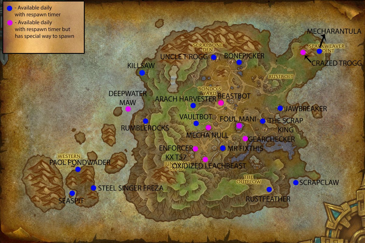 SyilerHere's tweet image. Certain Mechagon Rares are up daily, others have specific requirements to be available. Here are images to help you figure out what rares you have to kill for the day.
