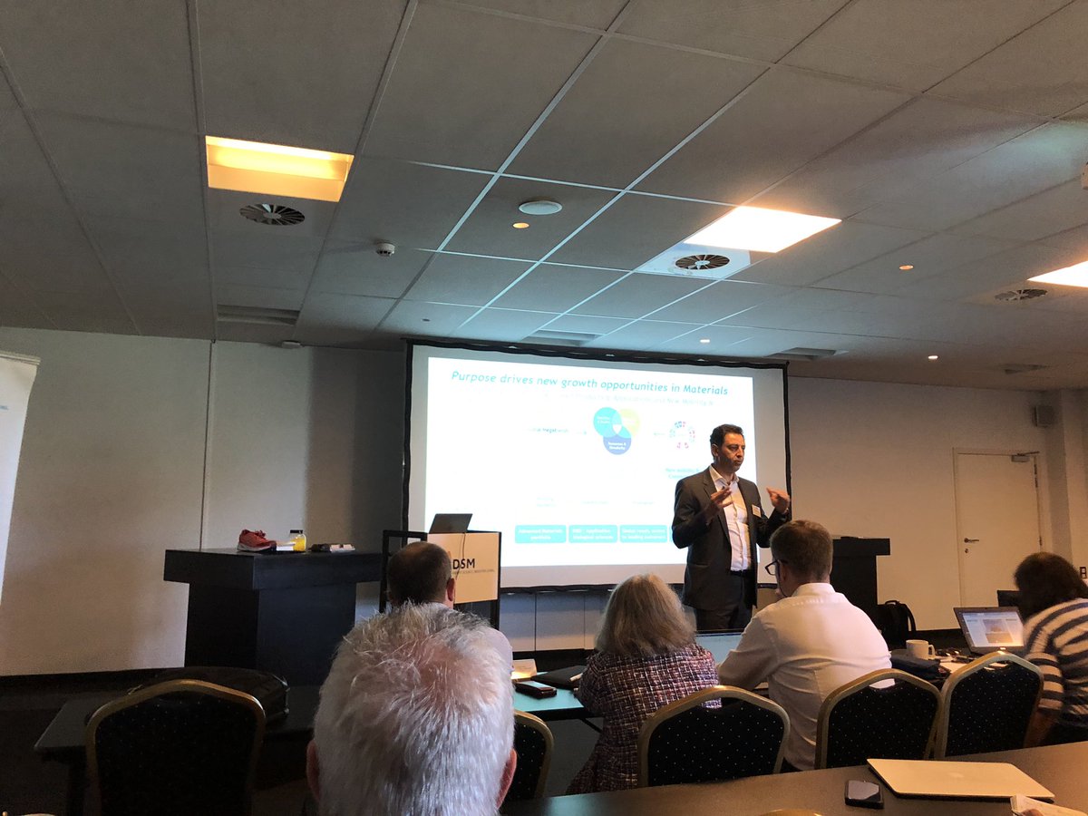 plastechmag's tweet photo. DSM’s Georgio Cappolino starts three-pronged company presentation with new growth opportunities in materials.#EMGPreK https://t.co/S5E98XStsv