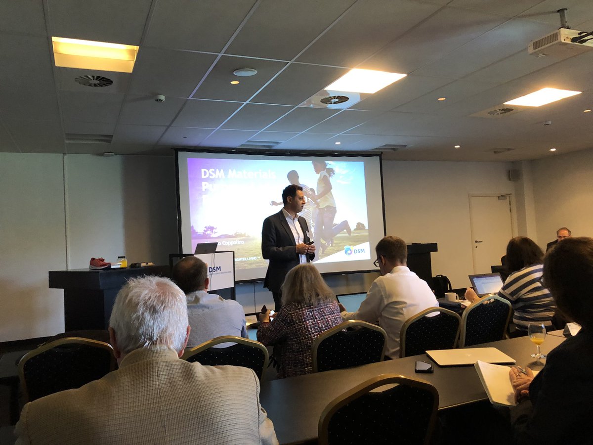 plastechmag's tweet photo. DSM’s Georgio Cappolino starts three-pronged company presentation with new growth opportunities in materials.#EMGPreK https://t.co/S5E98XStsv