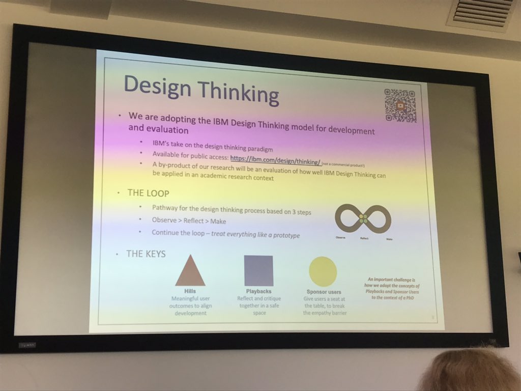me_backwards's tweet photo. At @#CRC_Conference at @OUComputing today \^_^/ currently have @cognoid presenting - here is the @IBM design thinking model #computing #PhD #crc #openuniversity #ougradsch https://t.co/TShXJdN211