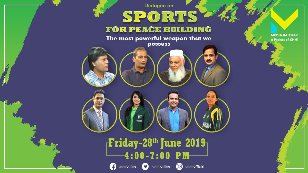 GnmIonline's tweet photo. Esteemed team of speakers will share the importance of sports for the promotion of peace and harmony in a society! #SportsForPeaceBuilding #GNMI #MediaBaithak @Shoaib_Jatt #SaamaSportsAction #BatoolFatima #RabiaShahzad @NaseemRajput40
#WorldCup_Aur_HumSub @MohammadZabeKhan https://t.co/59s9unaCOK