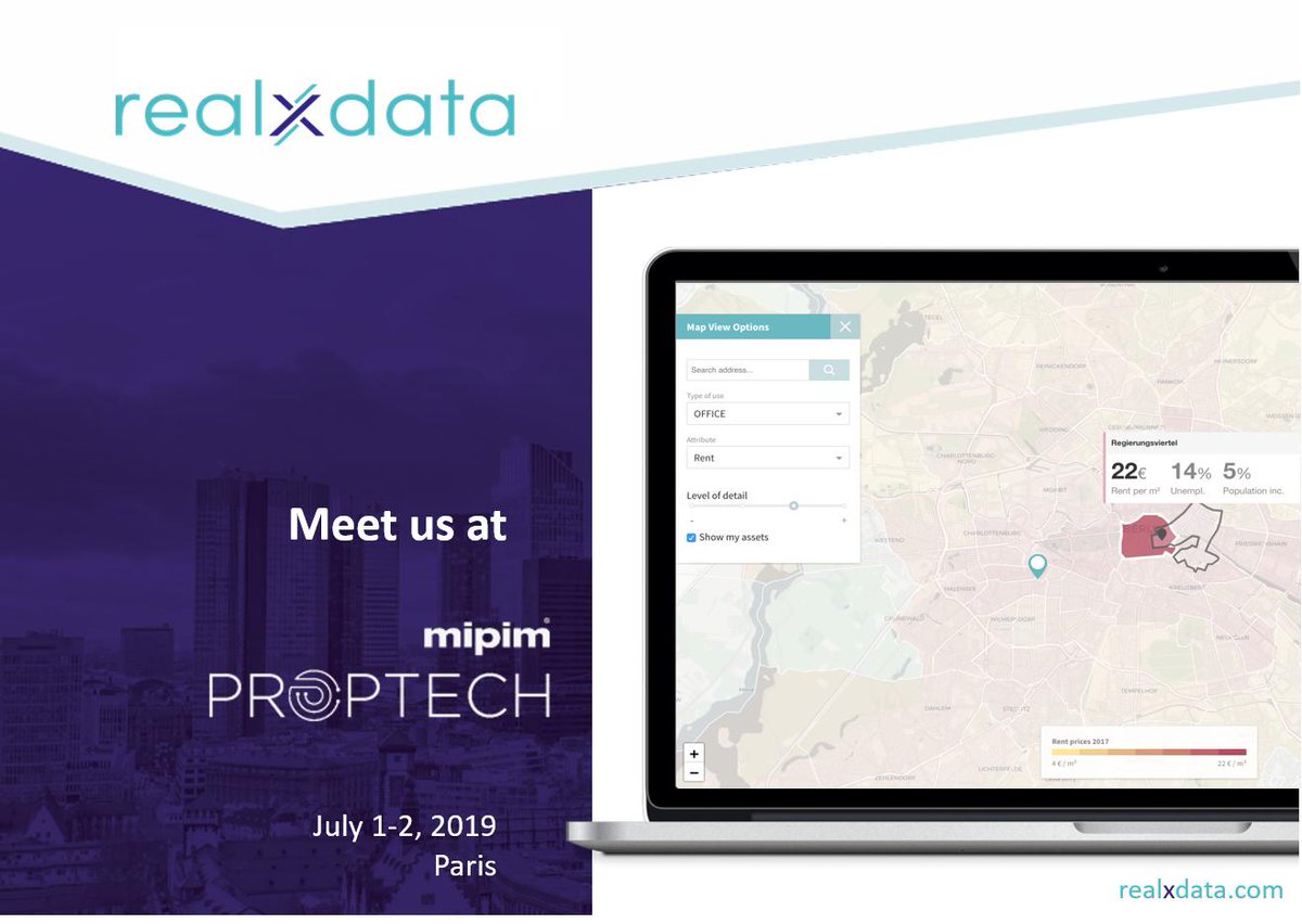 Meet us next Monday and Tuesday at the @MIPIMPropTech in Paris! Titus Albrecht, Stefan Nusche and Daniel Sprünker are going to be available to answer your questions about <a href="/realxdata/">realxdata</a> and to give you more insights about our product.
