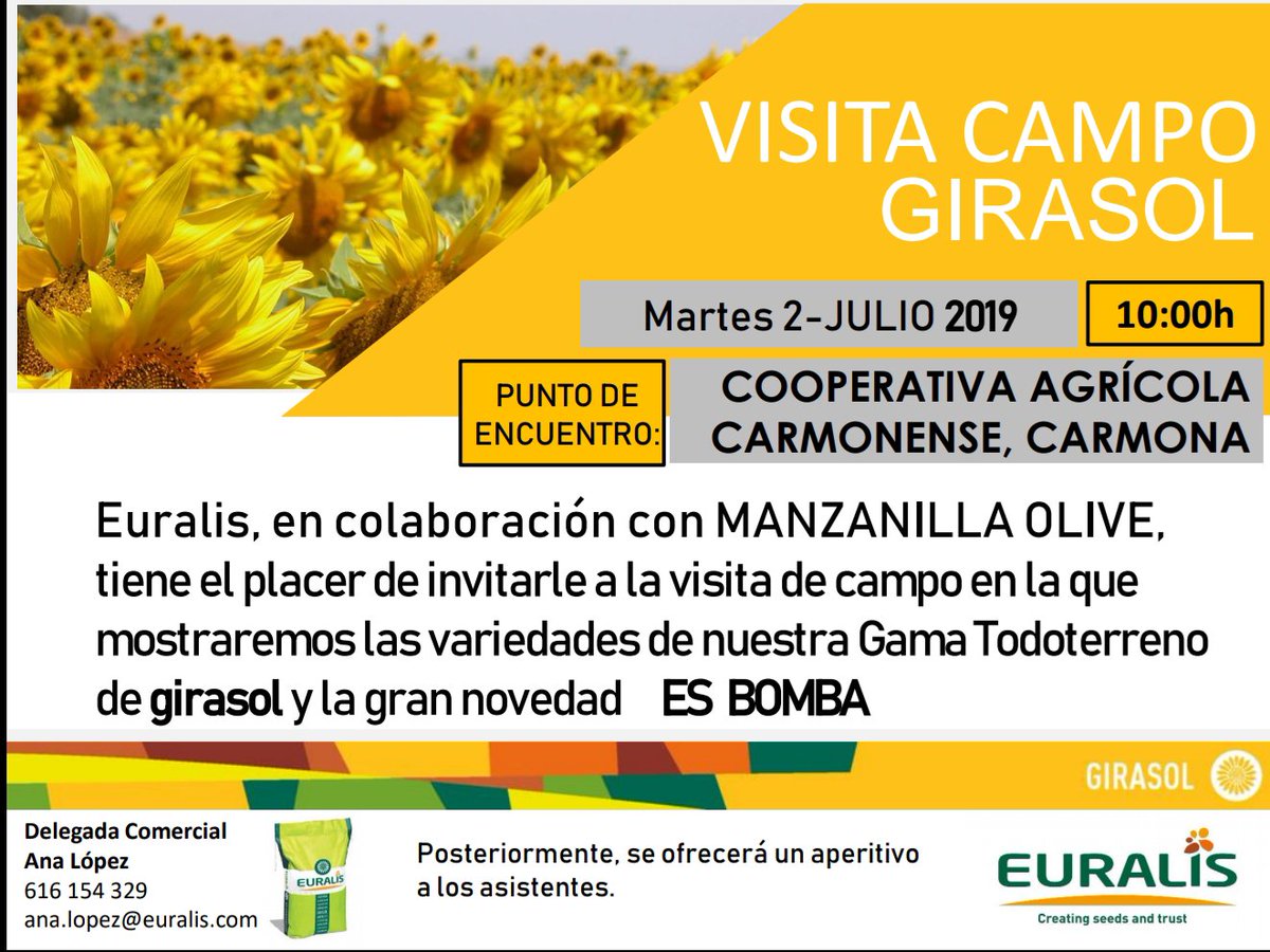 VISITA CAMPO GIRASOL

El 2 de Julio, Euralis en colaboración con MANZANILLA OLIVE realizará una visita de campo gratuita.
Habrá un autobús a las 09.00 horas. Para asistir debe ponerse en contacto hasta el 1 de Julio con nuestra compañera Eva Mª o través del tlf. 954847233.
#aove