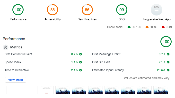 mortyeriksen's tweet photo. https://t.co/5ehQ1MO3Qz powered by #EnonicXP. Still a bit to go on #accessibility and best practice, but sweet #performance and #SEO. Show me yours! #lighthousechallenge https://t.co/DU4DsDXZ6c