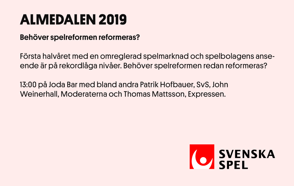 svspel_samhalle's tweet image. Det skulle bli ordning och reda på spelmarknaden. Ändå är spelbranschens rykte rekorddåligt. Behöver spelreformen reformeras? 
Joda Bar måndag 1 juli kl 13:00. #almedalen