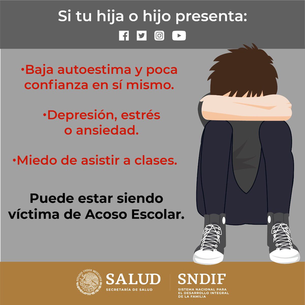 Platica con tu hija o hijo, si es víctima de #AcosoEscolar, protégelo y denuncia. Entra aquí ➡️ gob.mx/escuelalibrede… 

#NoAlAcosoEscolar
#NoAlBullying