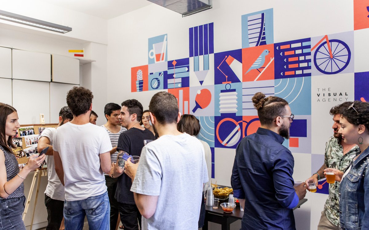 thevisualagency's tweet photo. Nice people in a nice place: the new office is officially inaugurated 🎉
Thanks to the whole crew for the wonderful mural! 🎨
#TheVisualAgency #InformationDesign #DataVisualization https://t.co/M04zNCD2jI