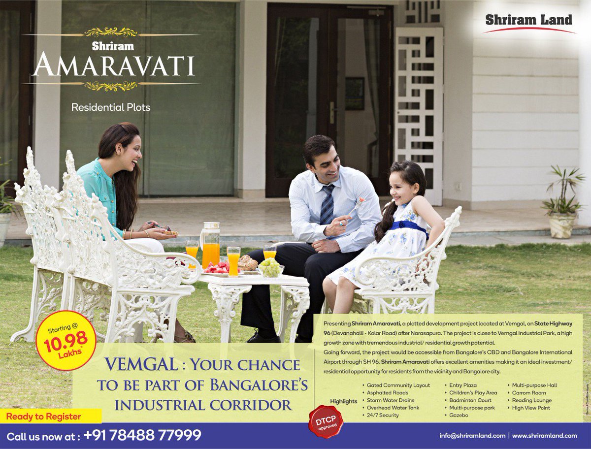 Presenting #ShriramAmaravati, a #PlottedDevelopment  project located at #Vemgal on State Highway 96 after Narasapura. Shriram Amaravati offers excellent amenities making it an ideal investment opportunity for residents from the vicinity and Bangalore city.
#ShriramLand