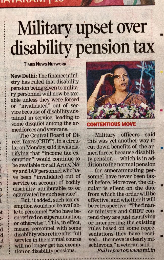 <a href="/OliveGrin17/">Olive Green</a> <a href="/akmpnm2004/">AeKayMike</a> <a href="/manmohan16/">Manmohan</a> <a href="/kayjay34350/">Lt Gen Kamal Jit Singh (Veteran)</a> <a href="/WoodCheat/">Cheat Wood</a> <a href="/sandythapar/">Sandeep Thapar🇮🇳</a> <a href="/ChatyTheCheetah/">Dr. Ankur Chaturvedi🇮🇳</a> <a href="/vigoDoon/">Vikas Gosain</a> <a href="/Warrior_Mukul/">Colonel Mukul</a> <a href="/DefenceMinIndia/">रक्षा मंत्री कार्यालय/ RMO India</a> <a href="/adgpi/">ADG PI - INDIAN ARMY</a> <a href="/IAF_MCC/">Indian Air Force</a> <a href="/indiannavy/">SpokespersonNavy</a> <a href="/SpokespersonMoD/">Ministry of Defence, Government of India</a> <a href="/HQ_IDS_India/">HQ IDS</a> <a href="/BrigMahalingam/">Brig V Mahalingam</a> <a href="/kakar_harsha/">Maj Gen Harsha Kakar</a> <a href="/SinghNavdeep/">Navdeep Singh</a> <a href="/vikramwkarve/">Vikram Waman Karve</a> <a href="/Jaykaul/">Brig. Jay Kaul , Veteran</a> <a href="/PashaSehgal/">Lt Gen DP Sehgal</a> <a href="/jessisajan/">Sajan</a> <a href="/cmseth1/">Maj. Gen. CM Seth</a> <a href="/just_1_singh/">Jaswant Singh</a> <a href="/MajorPoonia/">Major Surendra Poonia</a> <a href="/Neeraj7888/">Lt Col Neeraj Sharma, Veteran</a> <a href="/SmritiRDas1/">Smriti R Das</a> <a href="/tksapru/">Lt Gen Tej Sapru (R)</a> <a href="/ArunBajpai/">Brig Arun Bajpai</a> <a href="/SushilBhasin/">Brig Sushil Bhasin</a> <a href="/BJP4India/">BJP</a> <a href="/PMOIndia/">PMO India</a> <a href="/narendramodi/">Narendra Modi</a> <a href="/ColTekpal/">The Army Guy</a> <a href="/ajitbhinder/">Col Ajit Singh Bhinder🇮🇳</a> <a href="/BhatiaSabeer/">Sabeer Bhatia</a> <a href="/rajnathsingh/">Rajnath Singh</a> <a href="/AmitShah/">Amit Shah</a> <a href="/Admiral_DKJoshi/">Admiral D K Joshi</a> <a href="/BKanad/">Kanad Bandyopadhyay</a> <a href="/narry13/">Narender Kumar</a> <a href="/atahasnain53/">Syed Ata Hasnain</a> @Pkd5Dharmani <a href="/_ShivaniSD/">Shivani Sharma Dasmahapatra</a> <a href="/shripadynaik/">Shripad Y. Naik</a> <a href="/MalkiatCol/">Col Malkiat Singh</a> 1/n It seems <a href="/nsitharaman/">Nirmala Sitharaman</a> ji would continue to haunt Faujis even after shifting to <a href="/FinMinIndia/">Ministry of Finance</a> ..micromanaging #AFdegradation through conniving @DADCGDA babus &amp; colluding <a href="/adgpi/">ADG PI - INDIAN ARMY</a> Genrls. This time War Disabled Soldiers r at d receiving end..with tax levied on their pensions👇..