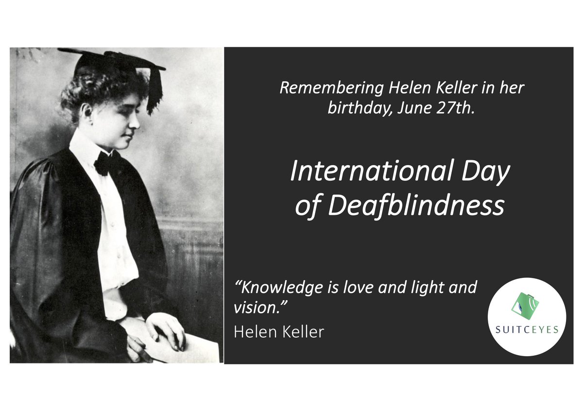 Picture of Helen Keller reading in braille. “Knowledge is love and light and vision”, Helen Keller