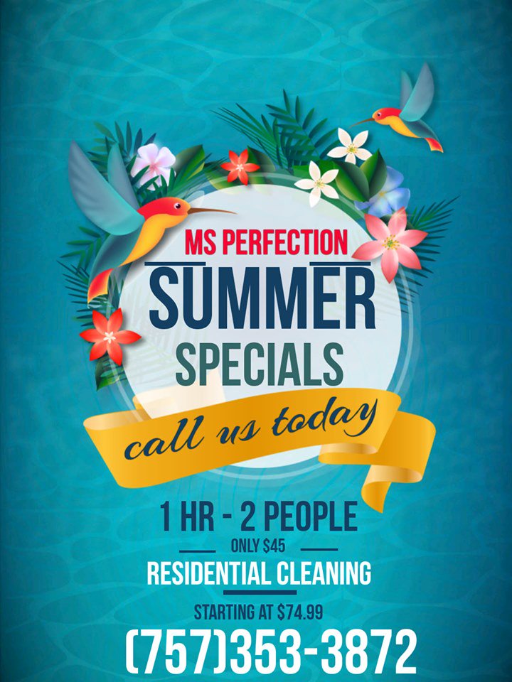 MsPerfection's tweet image. Take advantage of our Summer Specials!!!! Call us today to set up an appointment and don't forget to ask about our 1 time complementary cleaning!! 757-353-3872

MsPerfection.net