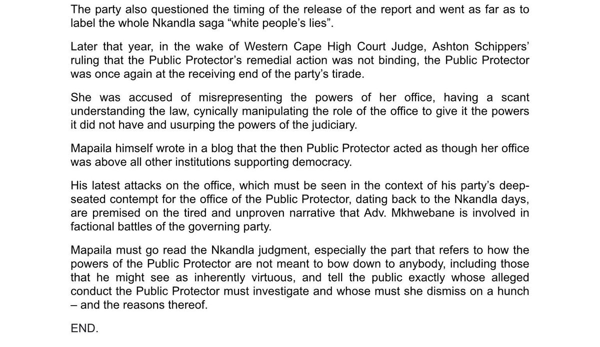 MEDIA STATEMENT: PP <a href="/AdvBMkhwebane/">Adv Busisiwe Mkhwebane</a> challenges #Mapaila to prove his claims or face possible legal action