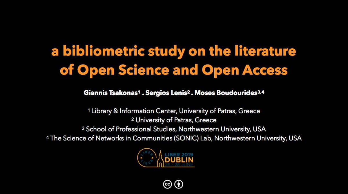 mwysis's tweet photo. The slides of our paper on "A bibliometric study on the literature of Open Science and Open Access" that @gtsakonas is presenting at the ongoing #LIBER2019 @LIBEReurope conference in Dublin during this week. #DigitalHumanities #library #CompSocSci

https://t.co/OoQE0L9OOH https://t.co/fGiOWbMHCG