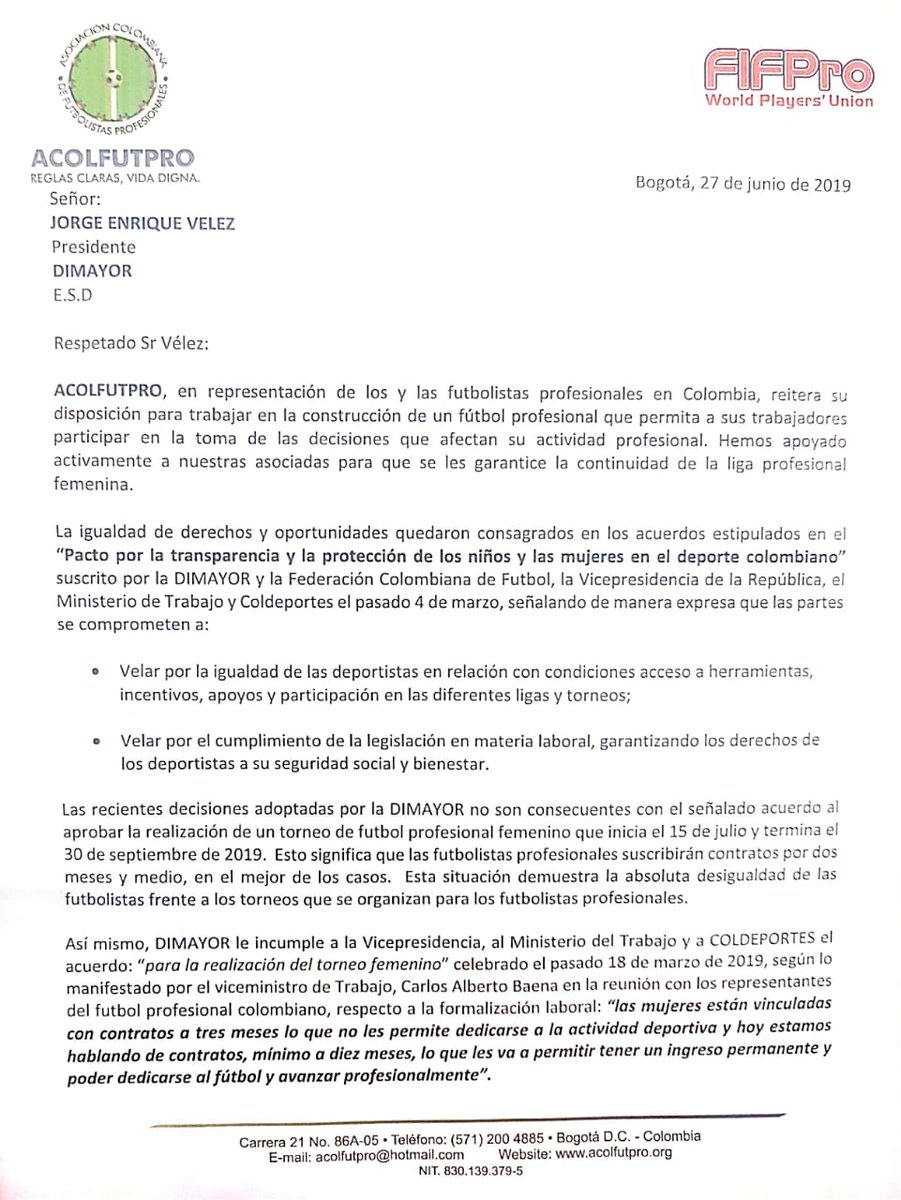 acolfutpro's tweet photo. [HOY] #LigaProfesionalFemenina  pedimos formalmente a @dimayor que cumpla el “Pacto por la transparencia y la protección de los niños y las mujeres en el deporte colombiano” que suscribieron @dimayor @FCF_Oficial con @ViceColombia @MintrabajoCol y @Coldeportes 

[HILO] https://t.co/AXV0VB9qdY