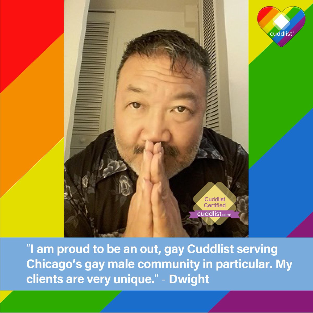 Cuddlist's tweet photo. We asked our LGBTQ+ practitioners to share their stories. This is one story from Dwight, a Cuddlist Certified Practitioner in Chicago, https://t.co/7UKX1mUZiG “I am proud to be an out, gay Cuddlist serving Chicago’s gay male community." #cuddlist #Pride2019 #pridemonth #lbgtsafe https://t.co/hRpFKhFWz9