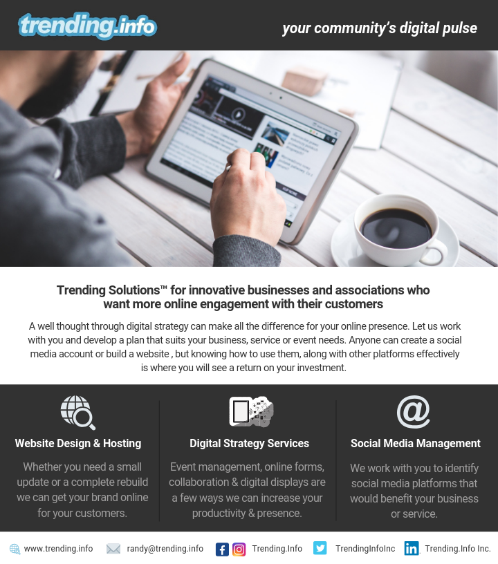 TrendingInfoInc's tweet photo. Event &amp; Social Media Management, Website Design &amp; Hosting are just a few things we can help your business or association with.

A well thought through digital strategy can make all the difference for your online presence.

Email us at admin@trending.info https://t.co/C1p1jGmfno https://t.co/XNhP33PhHv